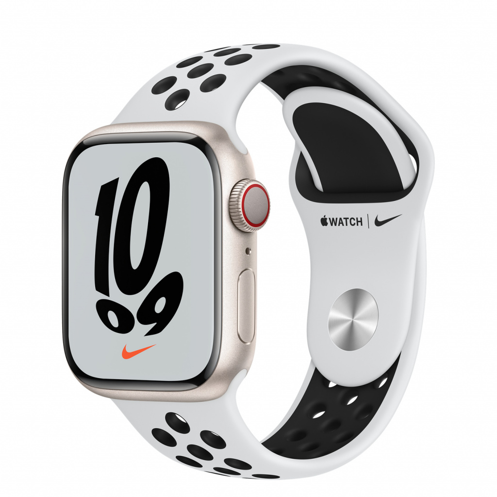 Apple Watch Nike S7 Cellular, 41mm Starlight Aluminium Case with Pure Platinum/Black Nike Sport Band - Regular