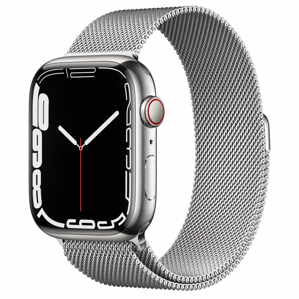 Apple Watch S7 Cellular, 45mm Silver Stainless Steel Case with Silver Milanese Loop