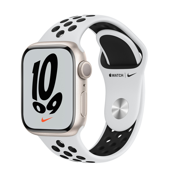 Apple Watch Series 7, Nike Starlight Aluminum Case with Pure Platinum-Black Nike Sport Band 41mm, GPS